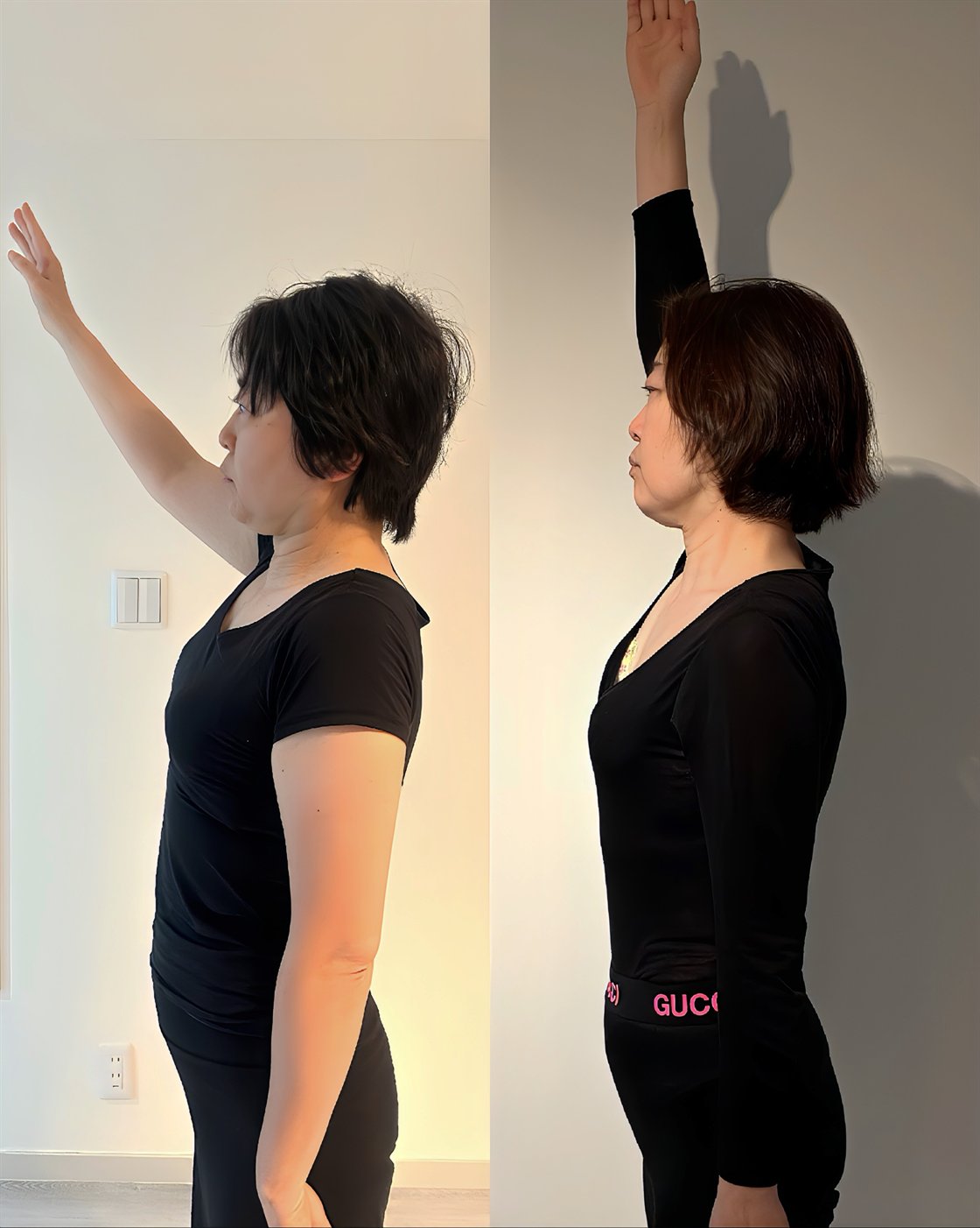 50代 N様 肩の痛み・可動域のビフォーアフター（左がBefore、右がAfter。横から見た腕の上がり方）