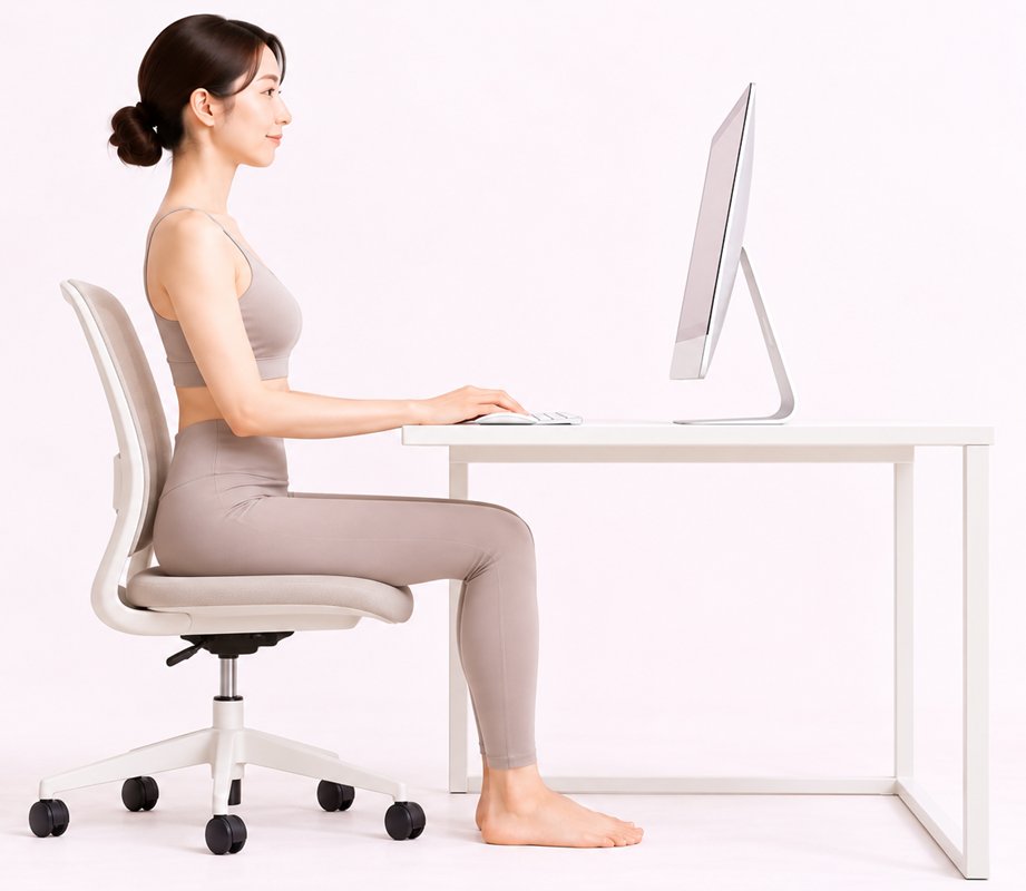 ラクで美しい座り姿勢のイメージ（横から見た、PC作業中の負担の少ない座り姿）